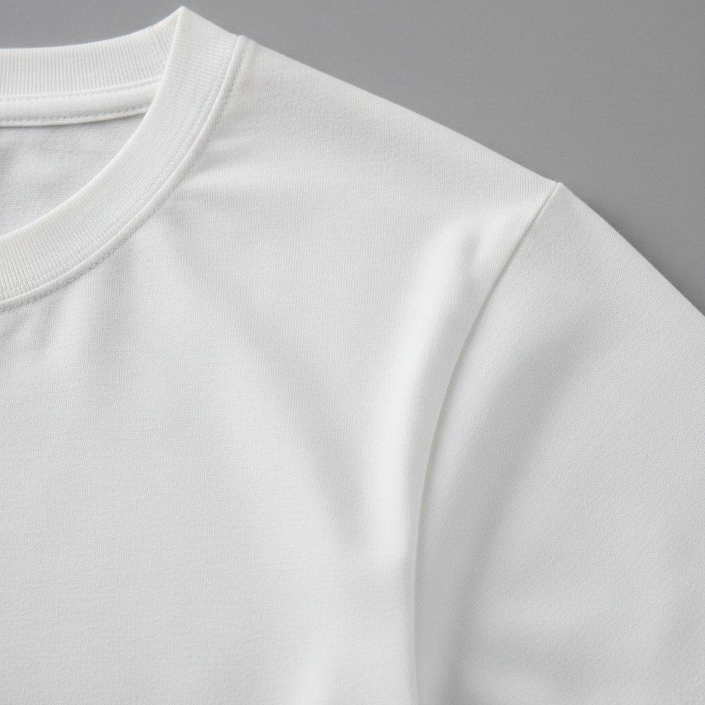 Detalhe de perto da malha e da gola canelada de uma camiseta branca